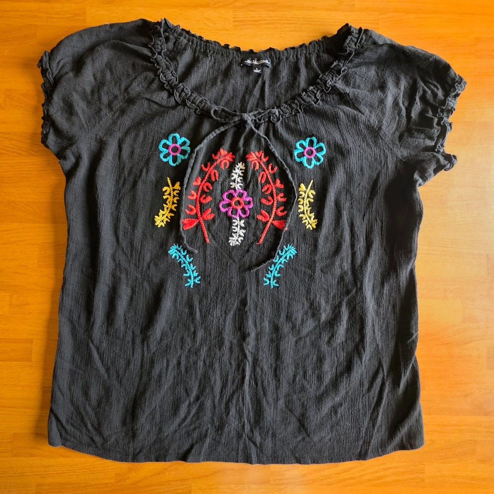 Notations Womens Black Embroidered Cotton Peasant Boho Blouse Top Size Large